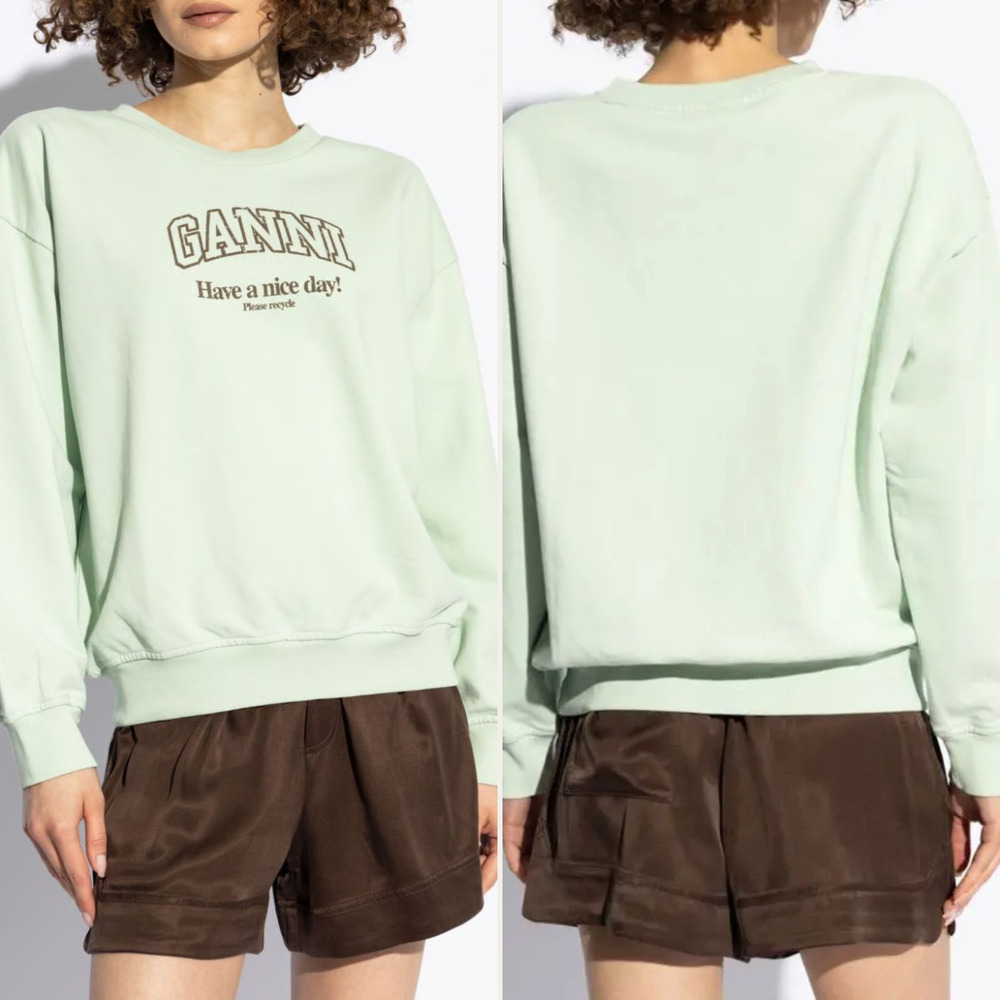 New GANNI Green Logo Crewneck Sweatshirt “Have A Nice Day! Please Recycle” L/XL - Picture 7 of 8